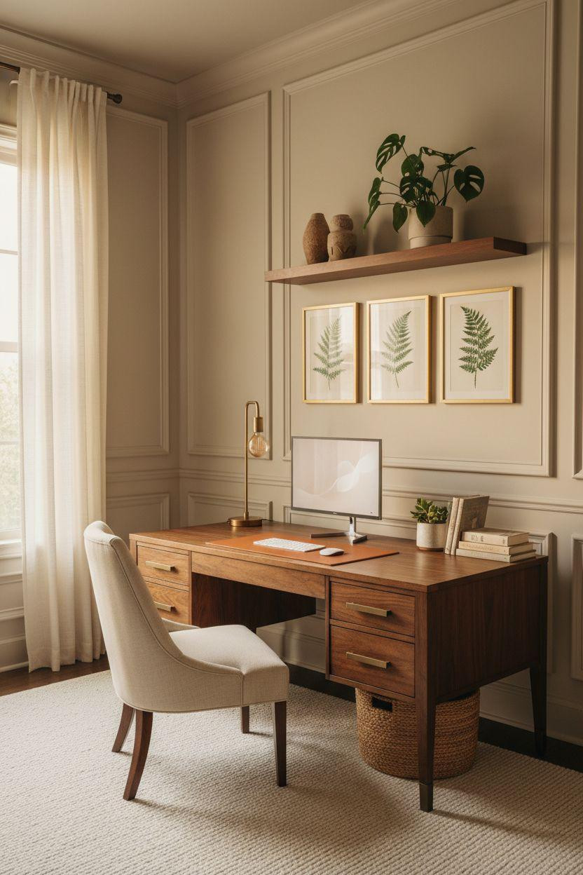 Work from home set up in elegant room with rich wood