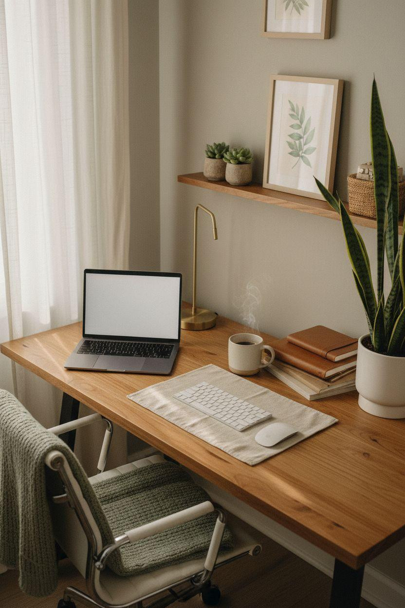 Work from home set up featuring warm wood and morning light