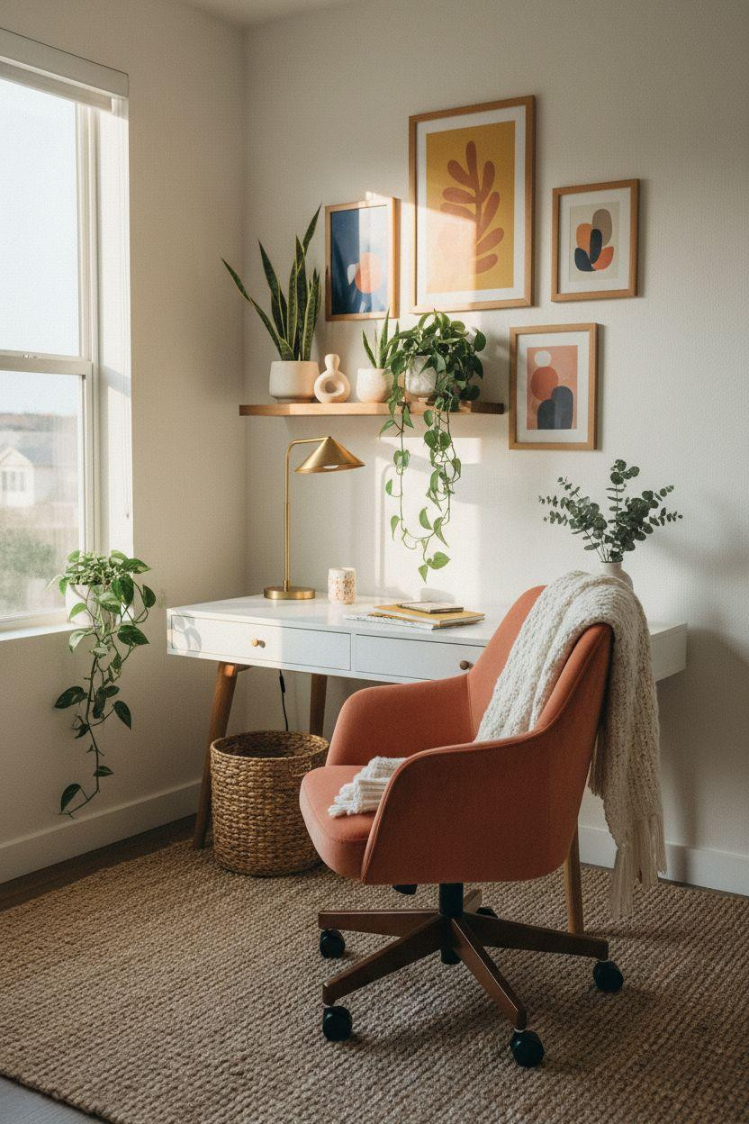 Work from home set up with colorful accents and cozy textures