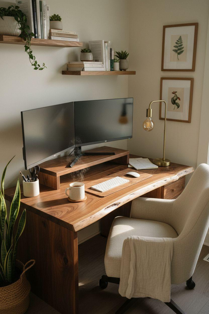 Work from home set up showcasing natural wood grain and warm tones