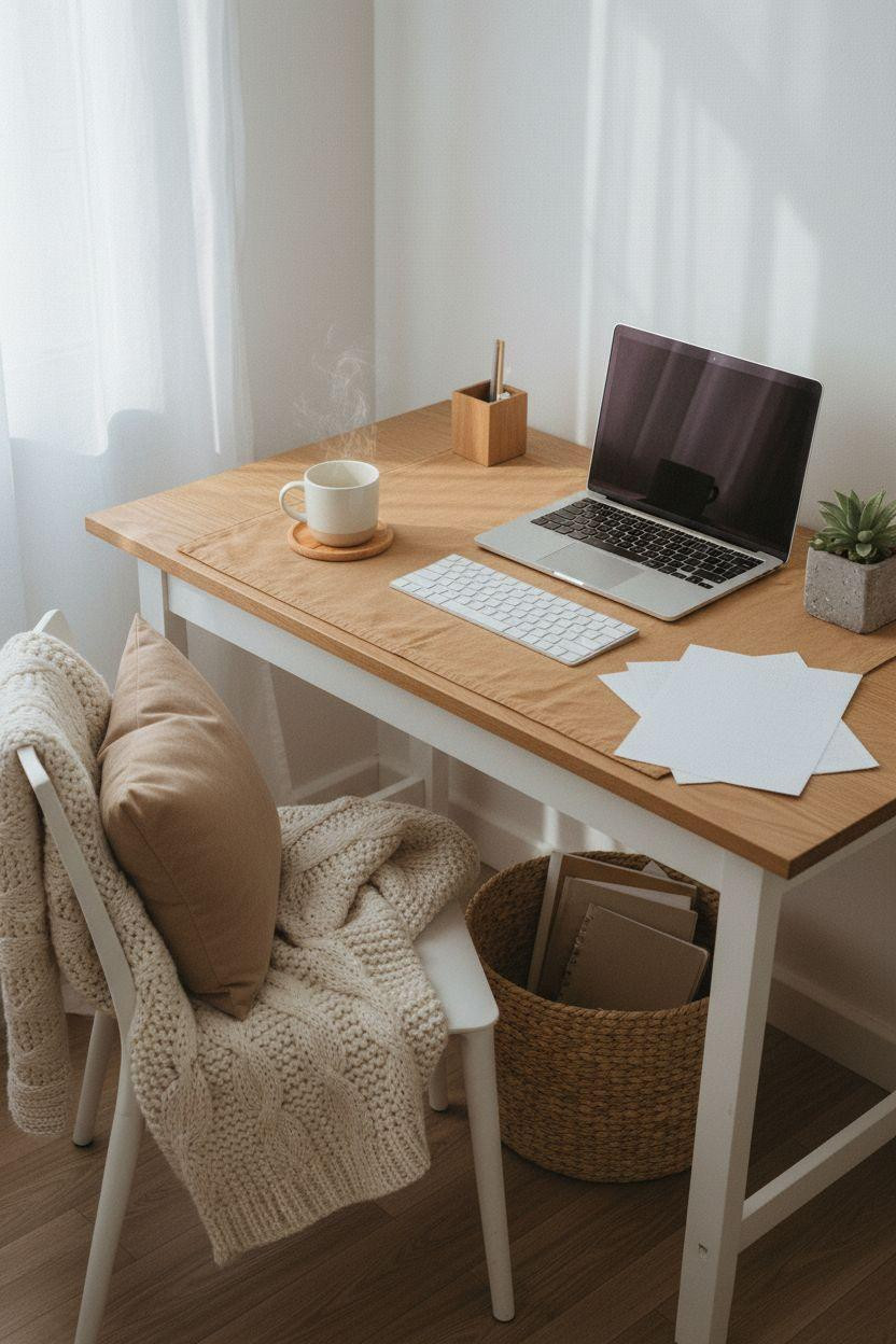 Work From Home Set Up Minimalist - oatmeal tones and soft textures