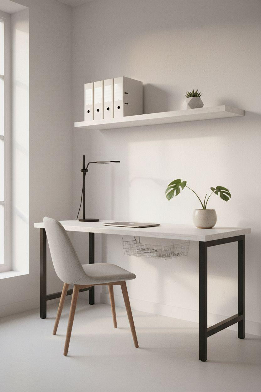 Work From Home Set Up Minimalist - floating desk with shelf above