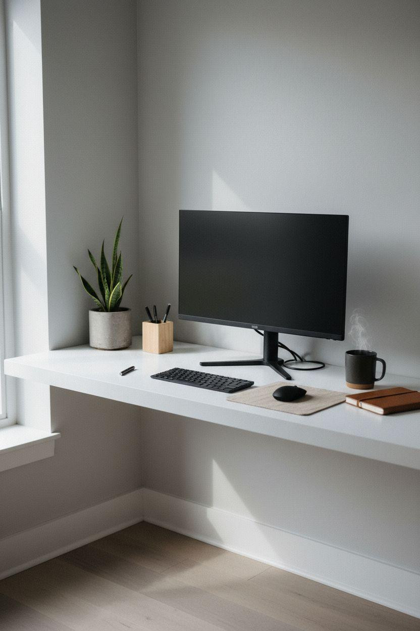 Work From Home Set Up Minimalist - black monitor with white desk