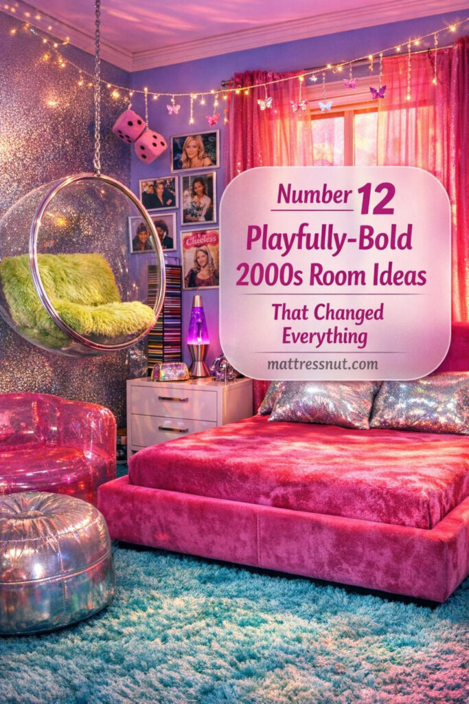 Maximalist Y2K bedroom featuring hot pink velvet bed, electric lavender walls, hanging bubble chair with lime green cushion, lava lamp glow, turquoise shag carpet, pink inflatable chair, string lights, rainbow beaded curtains, 2000s pop posters, CD tower, fuzzy dice, chrome lamp, holographic accessories, vibrant afternoon light through pink curtains, central overlay with Number 12 and text on mattressnut.com