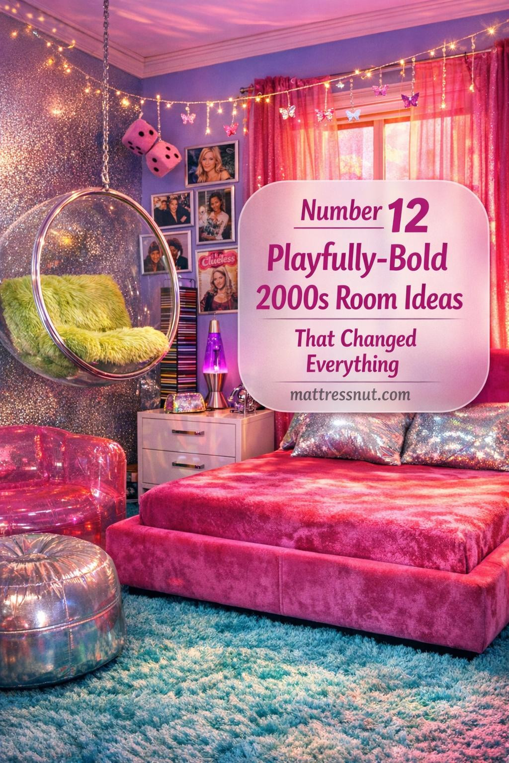 Maximalist Y2K bedroom featuring hot pink velvet bed, electric lavender walls, hanging bubble chair with lime green cushion, lava lamp glow, turquoise shag carpet, pink inflatable chair, string lights, rainbow beaded curtains, 2000s pop posters, CD tower, fuzzy dice, chrome lamp, holographic accessories, vibrant afternoon light through pink curtains, central overlay with Number 12 and text on mattressnut.com