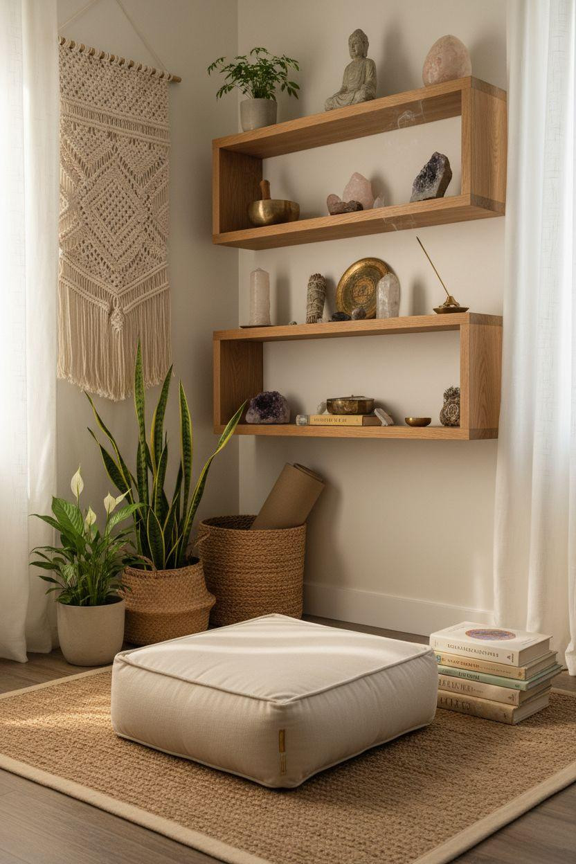 Spiritual Room Meditation Space Ideas - yoga meditation room with shelving