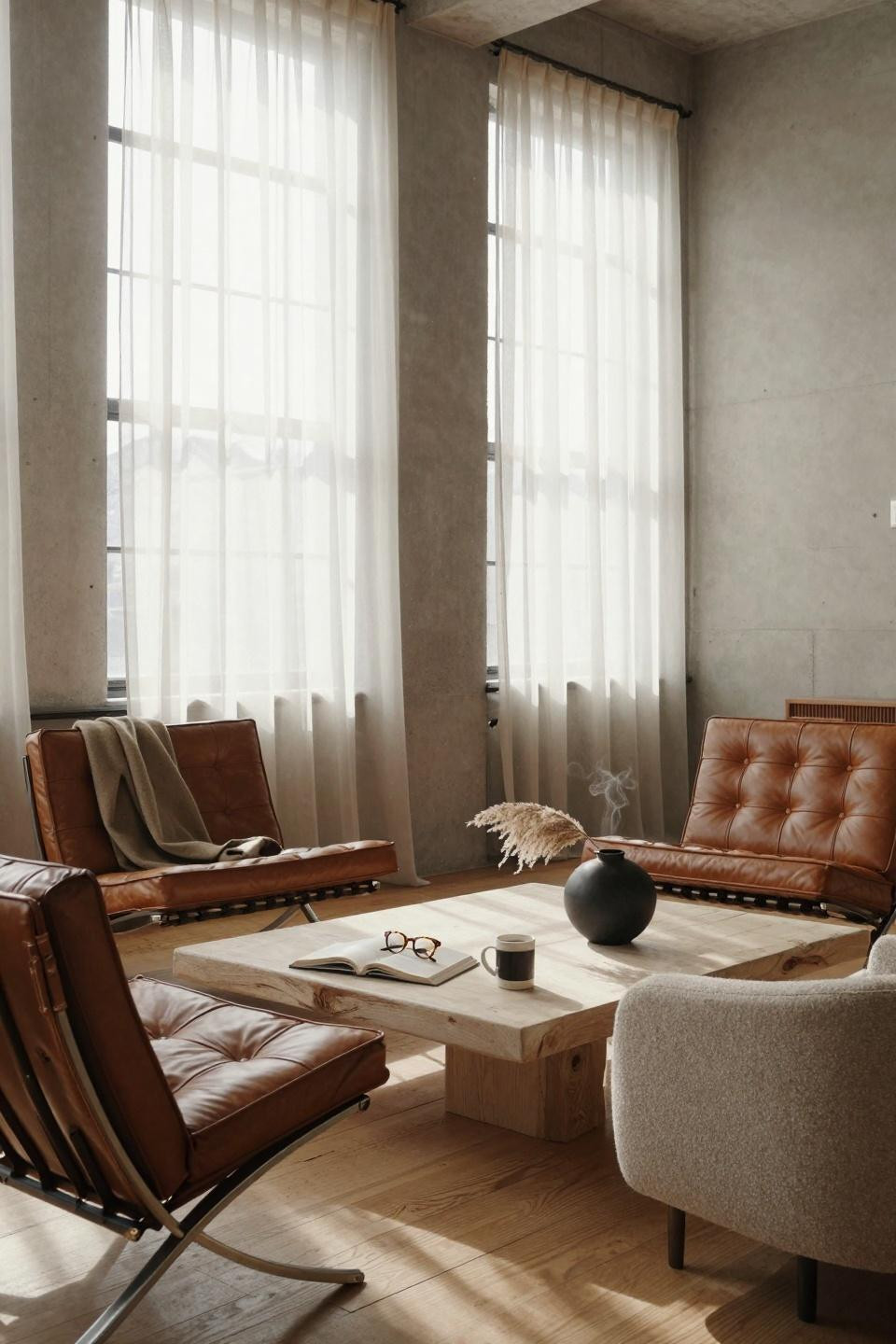 2 Chairs Sitting Area in Scandinavian style with cognac leather and bouclé