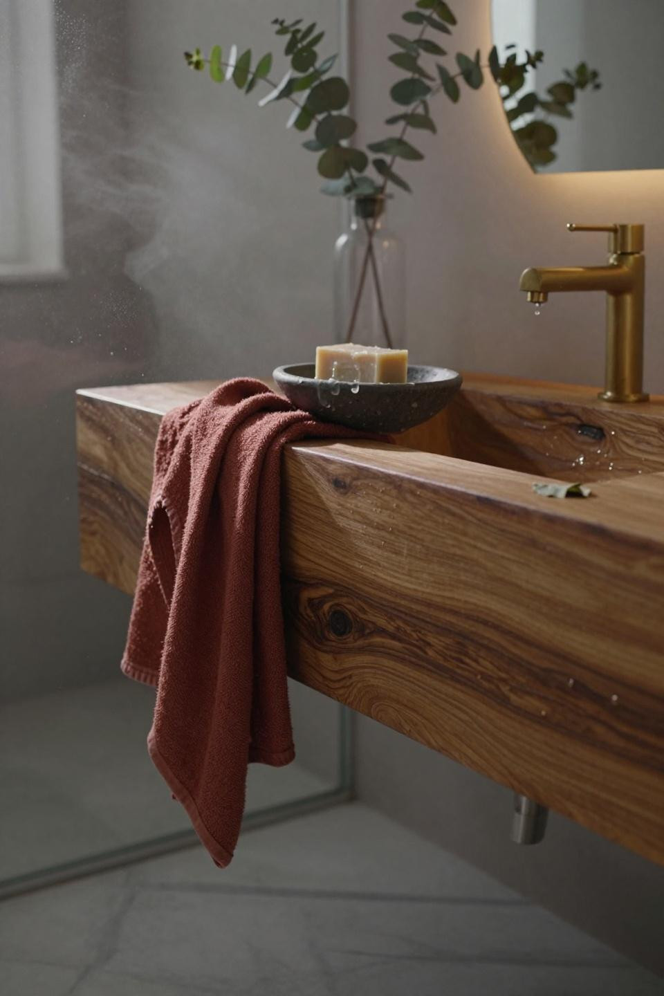 Aesthetic bathroom ideas with teak vanity and terracotta accents