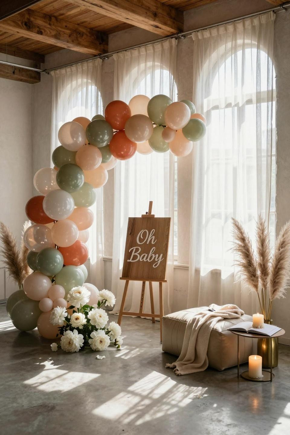 Baby Shower Welcome Sign with soft blush and sage balloon arch