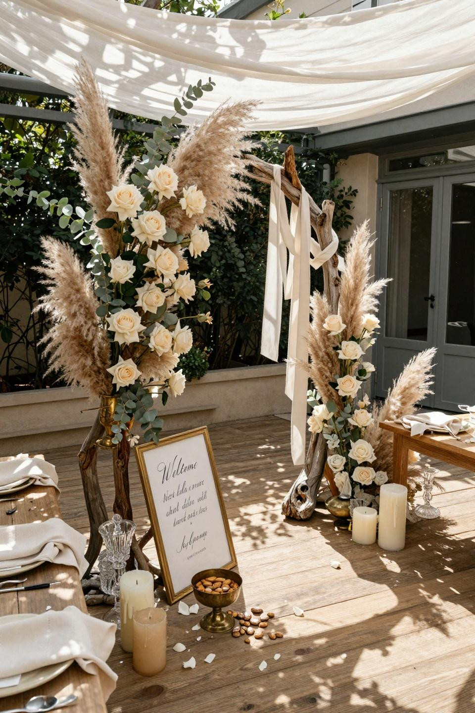 Baby Shower Welcome Sign with natural driftwood and neutral florals