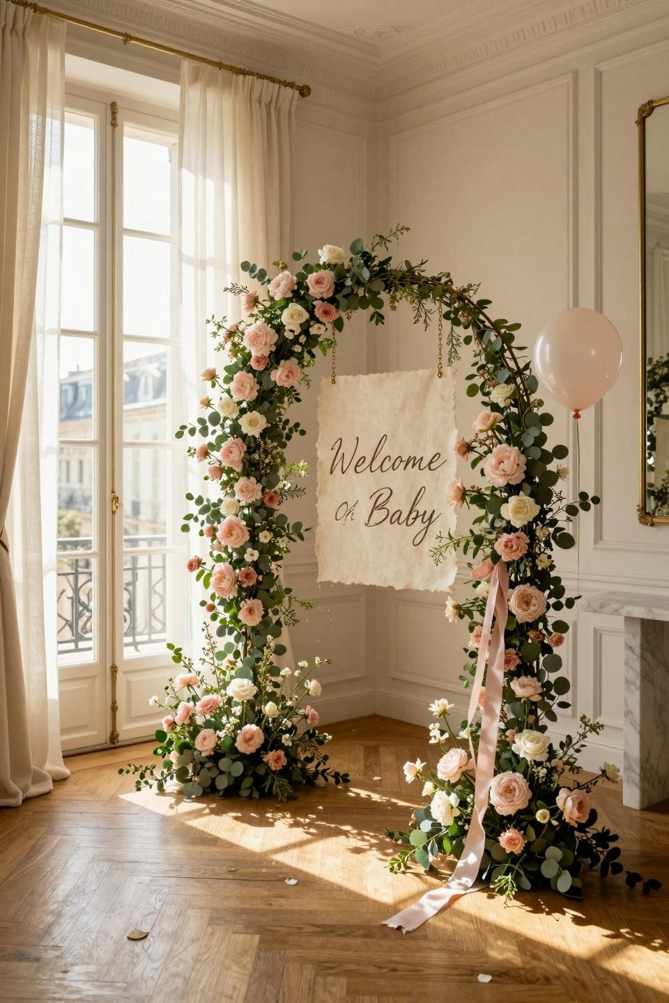 Baby Shower Welcome Sign with dramatic floral arch installation
