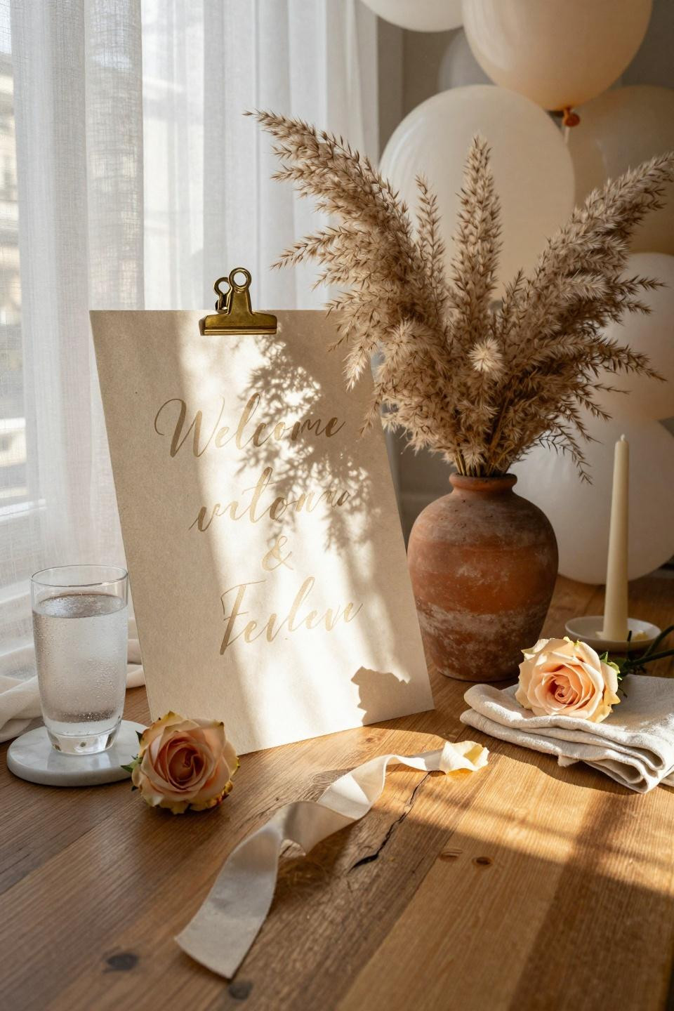 Baby Shower Welcome Sign with elegant calligraphy and rose arrangements