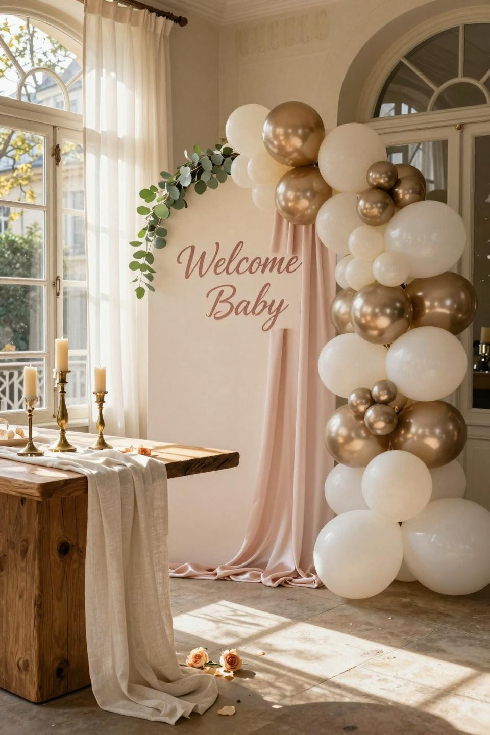 Baby Shower Welcome Sign with metallic balloon installation