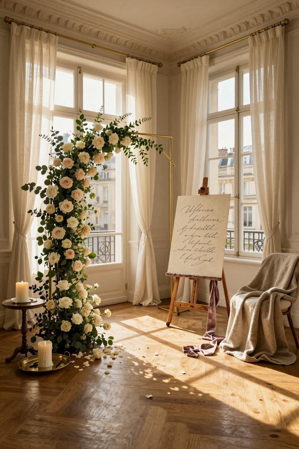 Baby Shower Welcome Sign with romantic floral arch and calligraphy