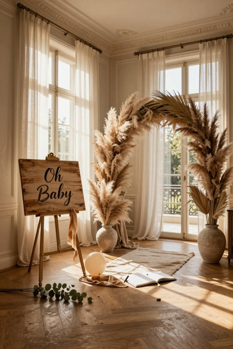 Baby Shower Welcome Sign featuring neutral balloon installation