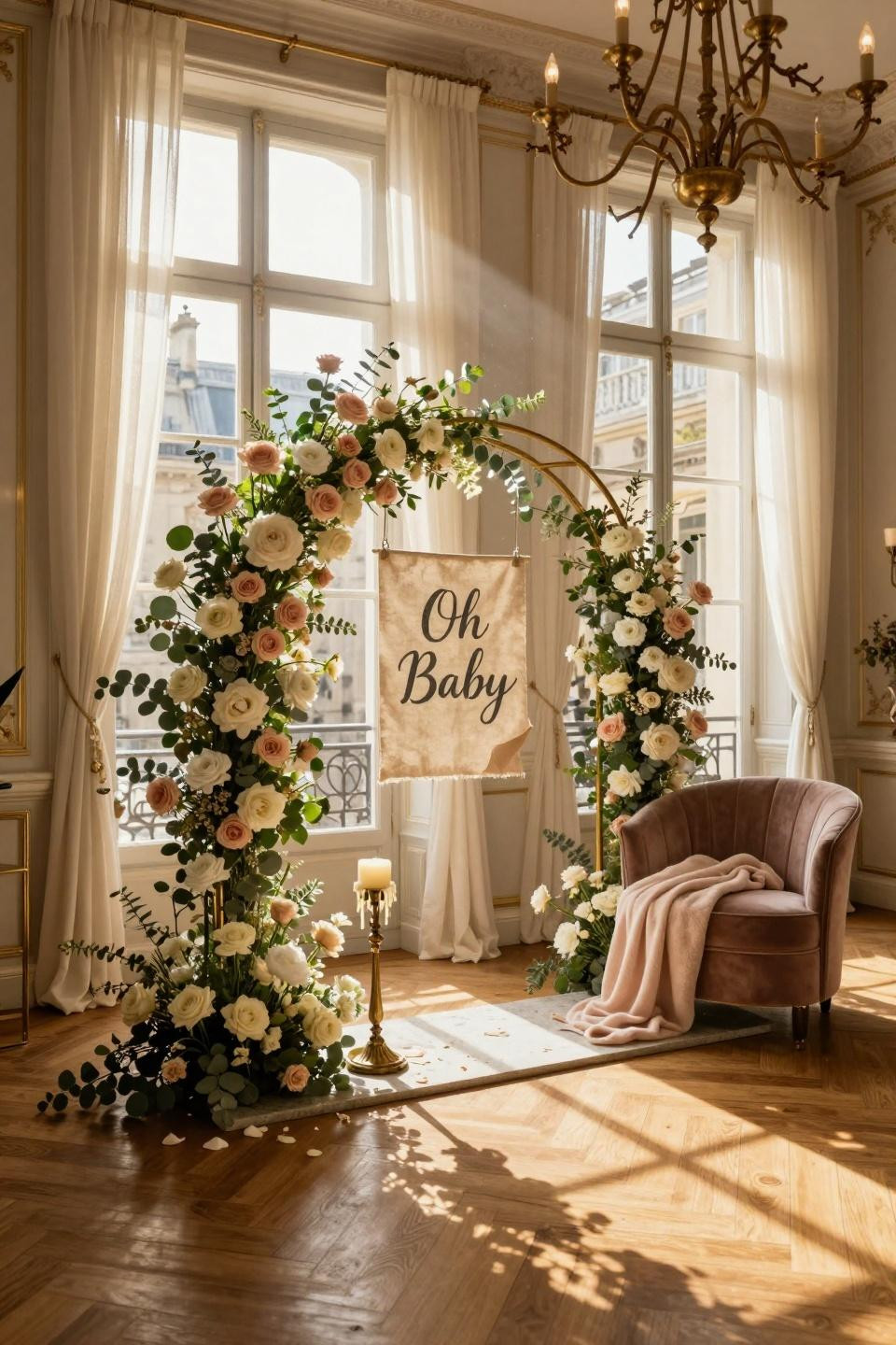 Baby Shower Welcome Sign in elegant foyer with dramatic florals