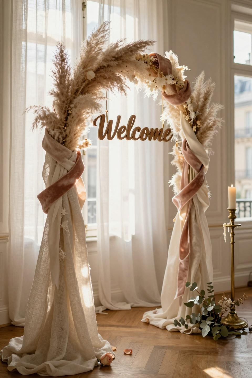 Baby Shower Welcome Sign featuring sculptural arch with dried flowers