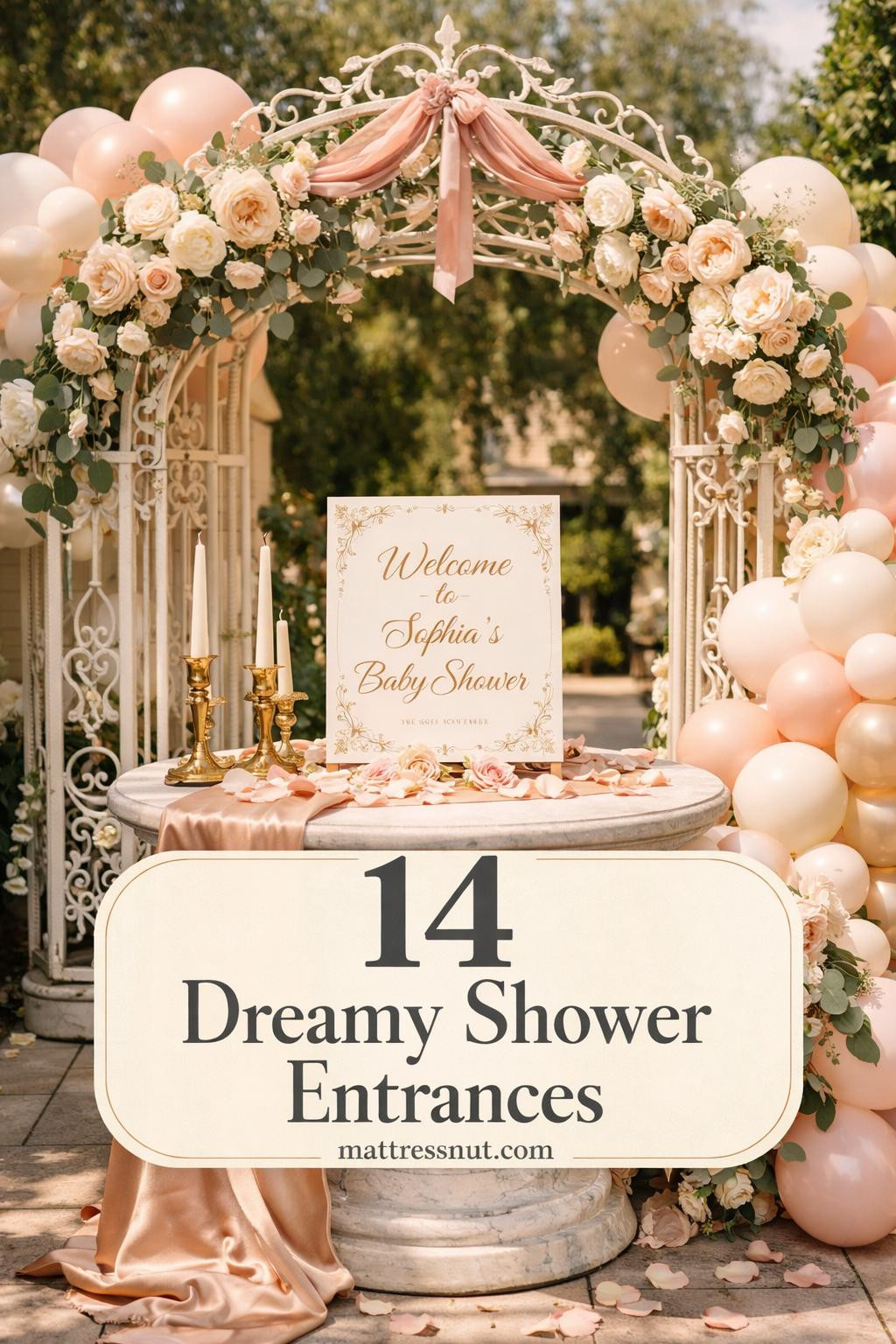 Soft blush pink and gold welcome sign with floral arrangements, delicate calligraphy, and romantic French-inspired décor
