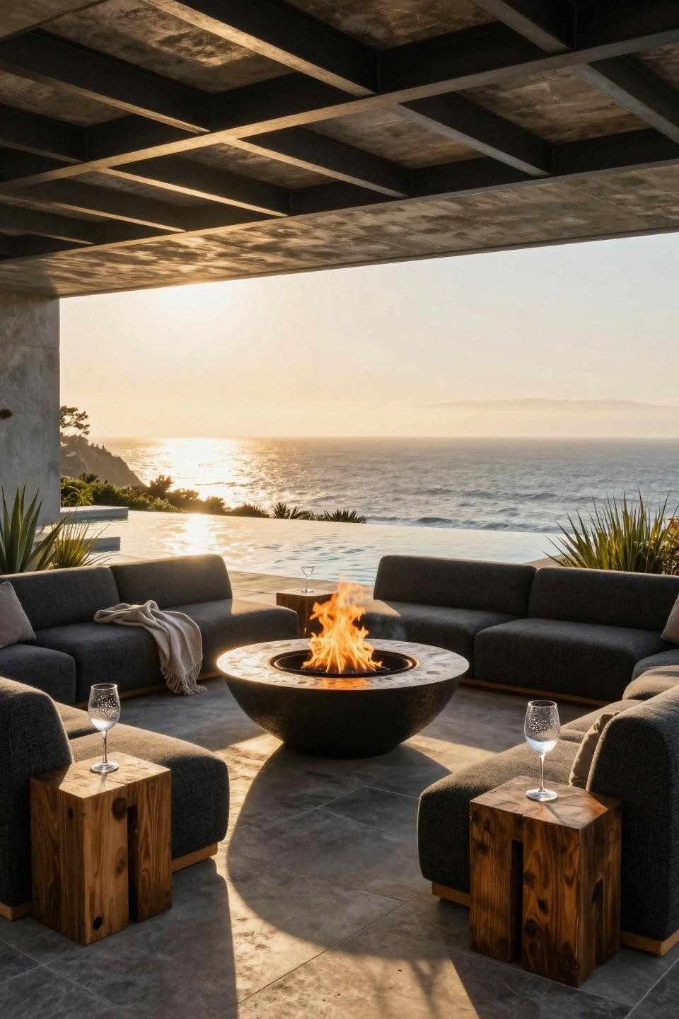 Backyard Fire Pit Ideas Lounge Areas - modern coastal fire pit with Pacific views