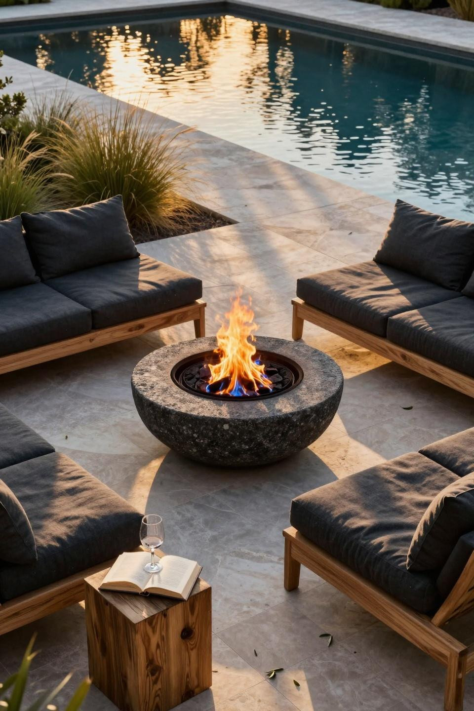Backyard Fire Pit Ideas Lounge Areas - terraced landscape with dramatic shadows