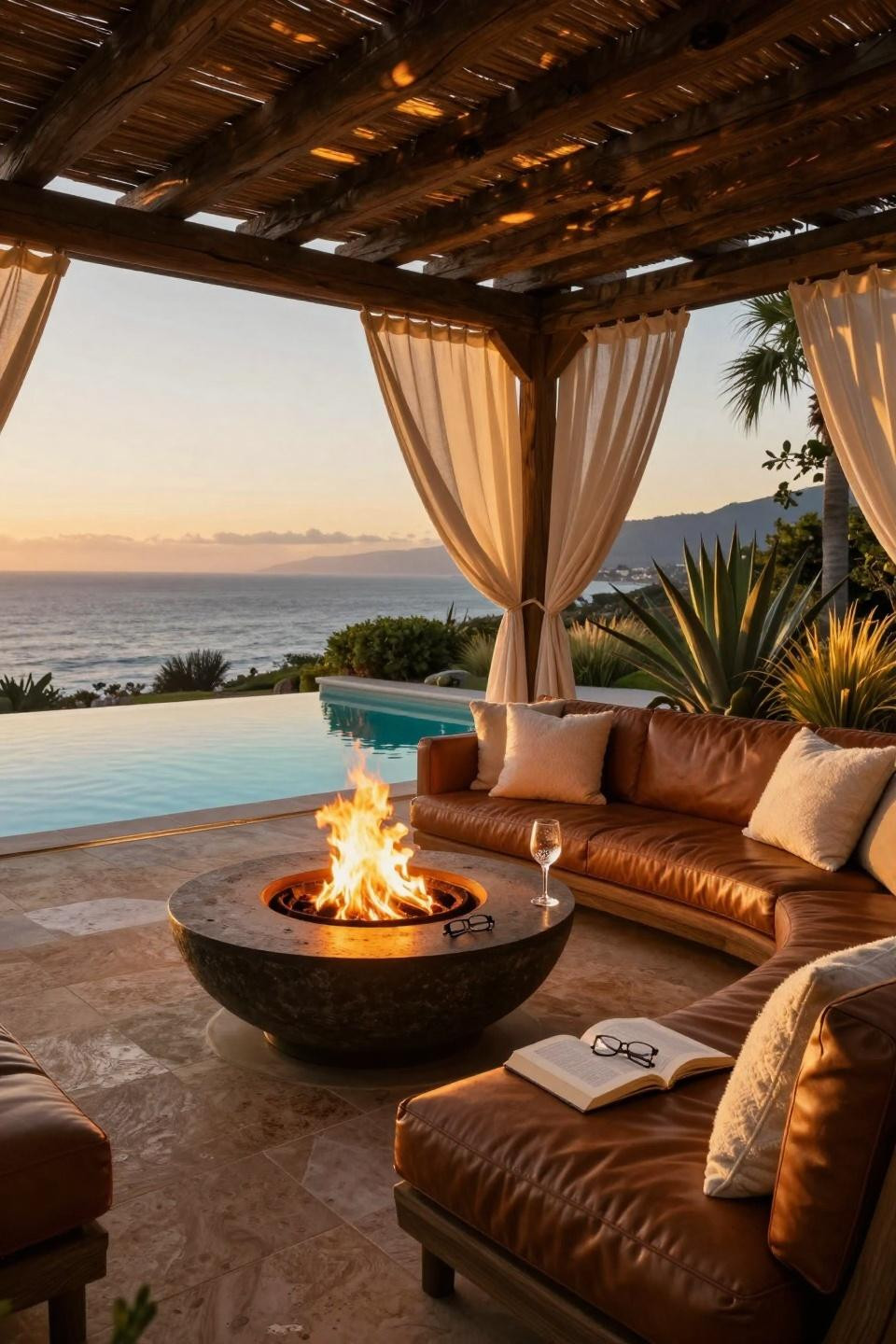 Backyard Fire Pit Ideas Lounge Areas - estate fire pit with ocean horizon