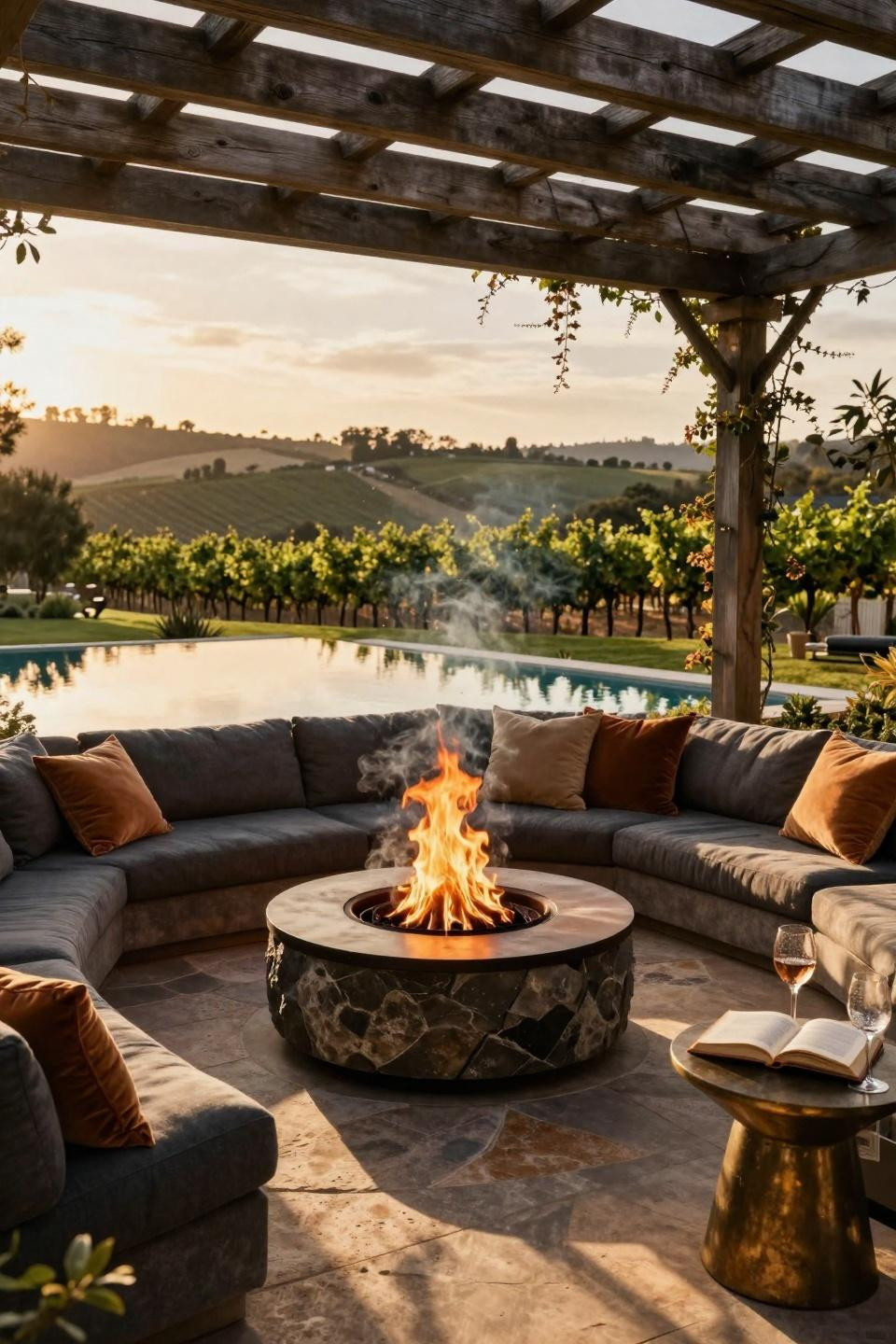 Backyard Fire Pit Ideas Lounge Areas - wine country estate with geometric pergola
