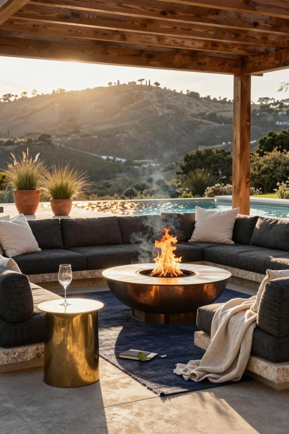 Backyard Fire Pit Ideas Lounge Areas - pergola with geometric shadow stripes