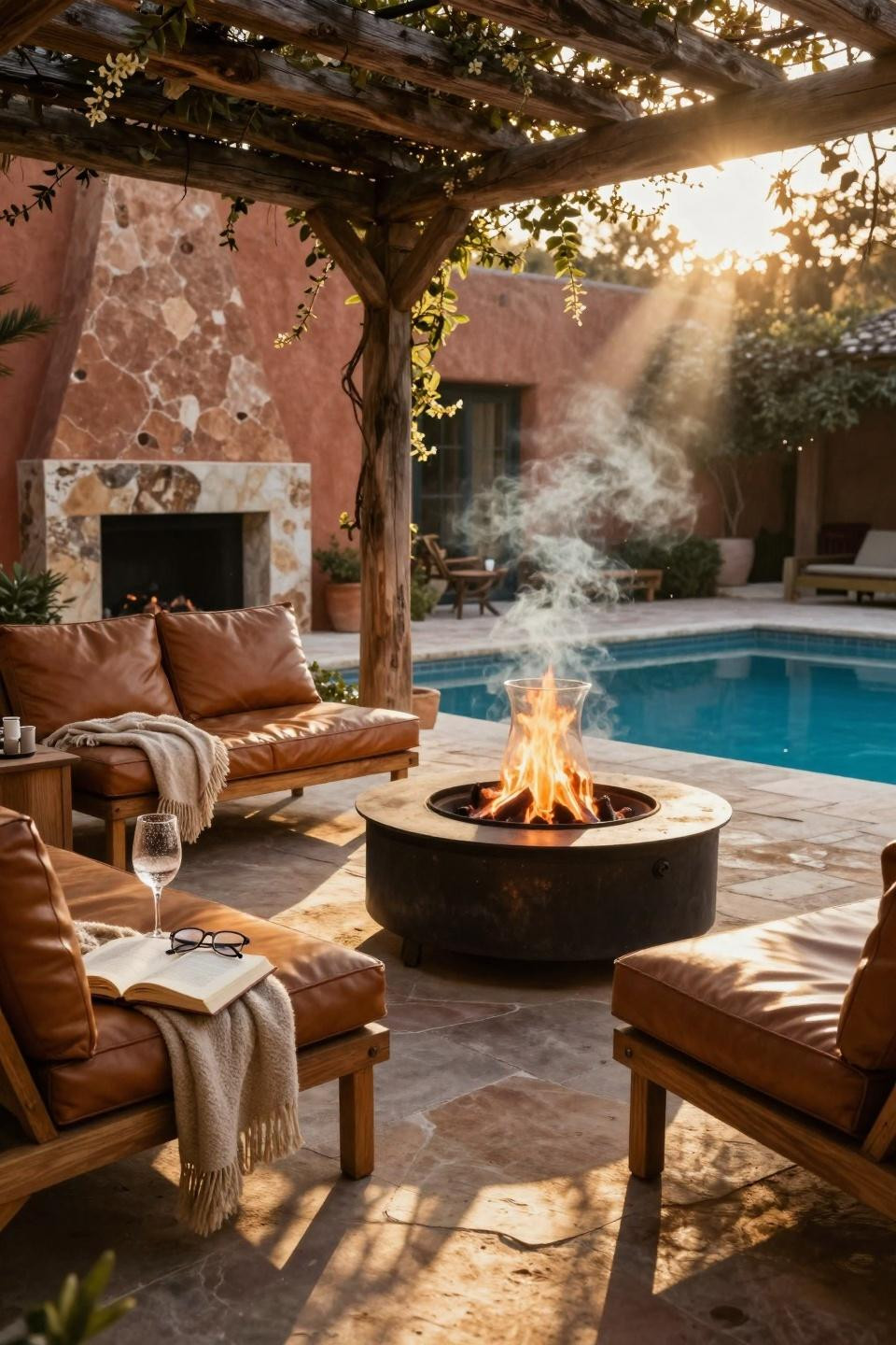 Backyard Fire Pit Ideas Lounge Areas - courtyard fire pit with pool reflections