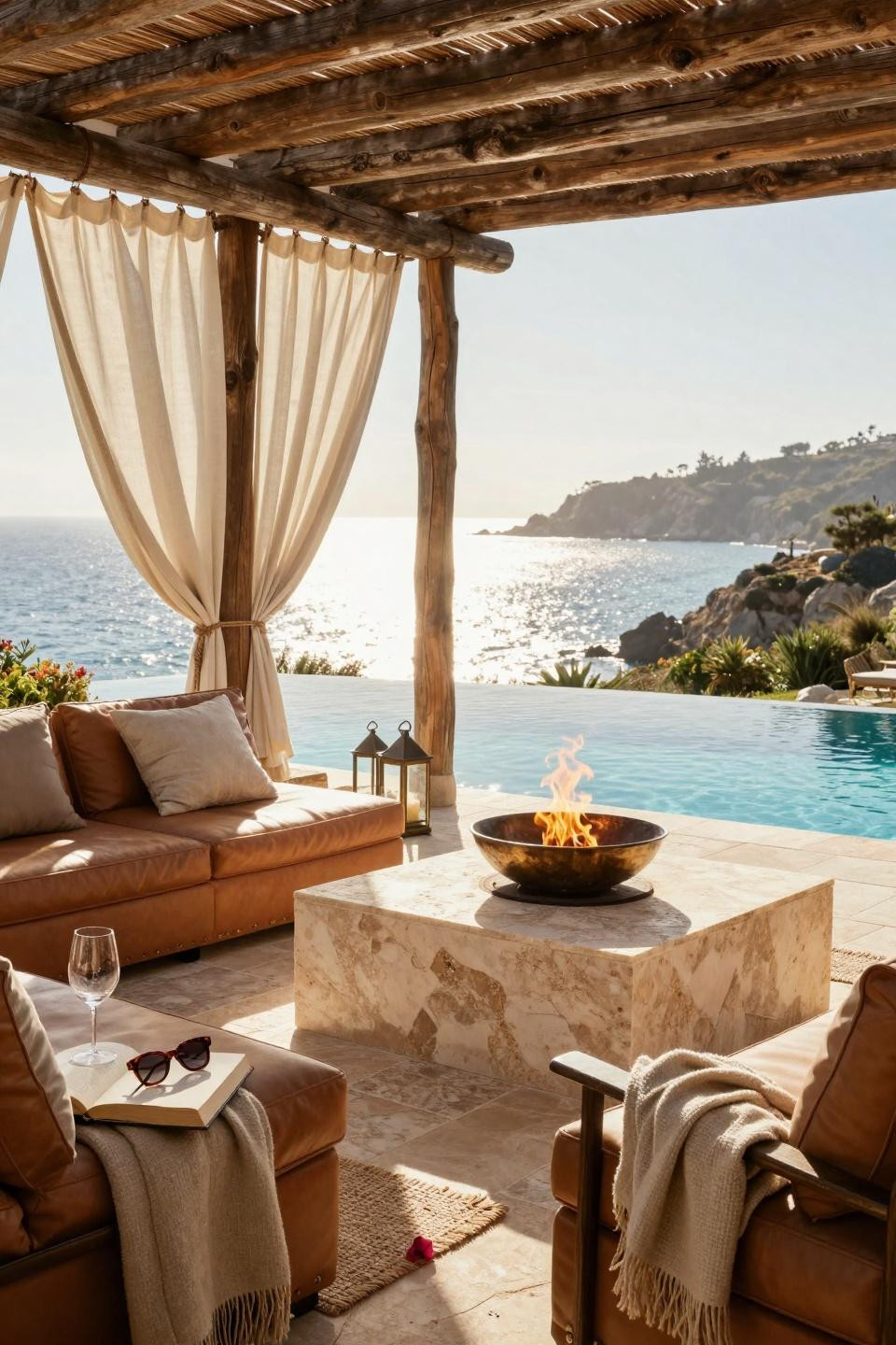 Backyard Fire Pit Ideas Lounge Areas - pergola with ocean views and bronze fire bowl