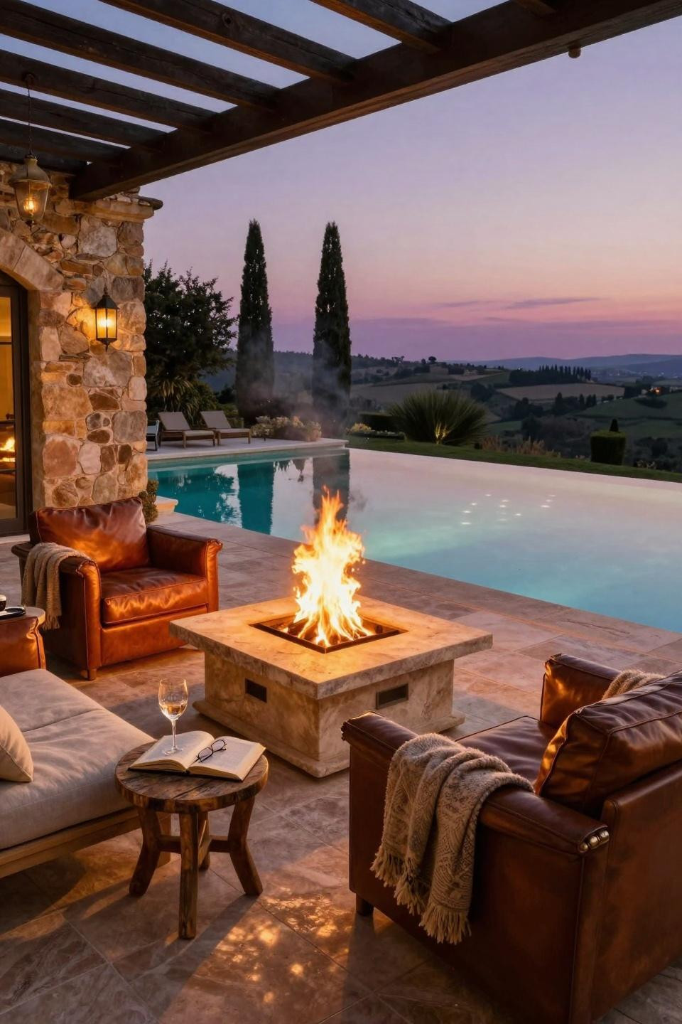 Backyard Fire Pit Ideas Lounge Areas - stone-walled courtyard at dusk