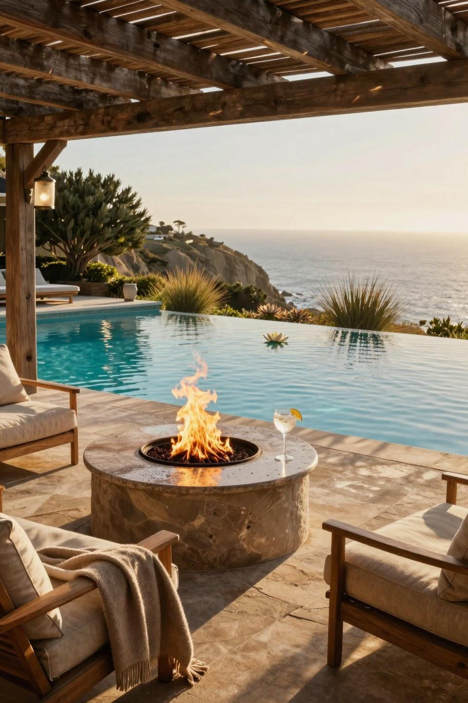 Backyard Fire Pit Ideas Lounge Areas - poolside courtyard with flowing curtains