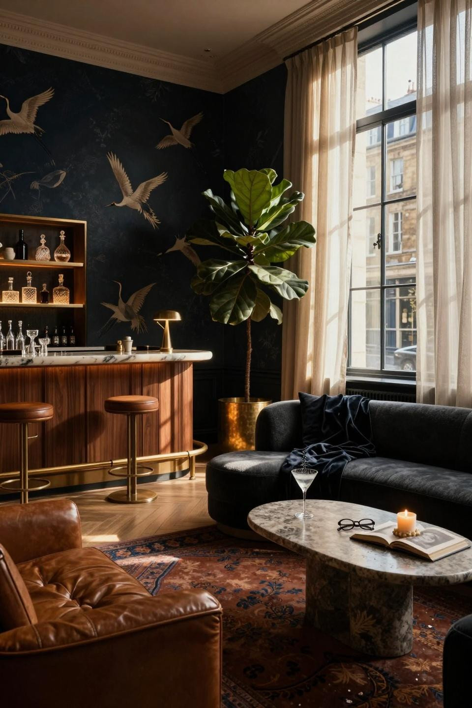 Bar lounge room ideas with custom walnut bar and onyx shelving