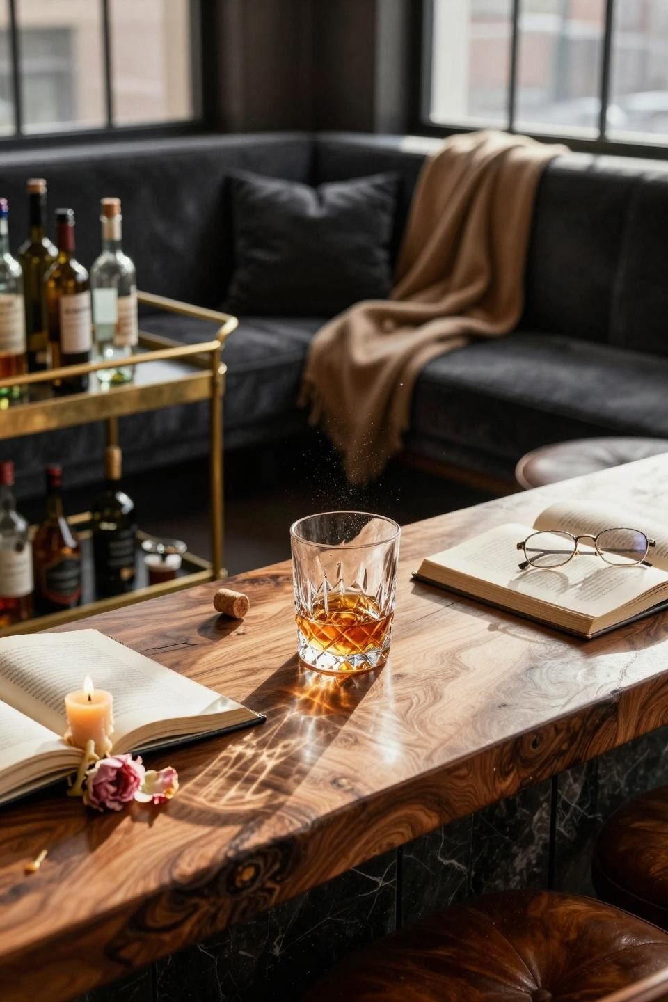 Bar lounge room with live edge walnut bar top and brass cart