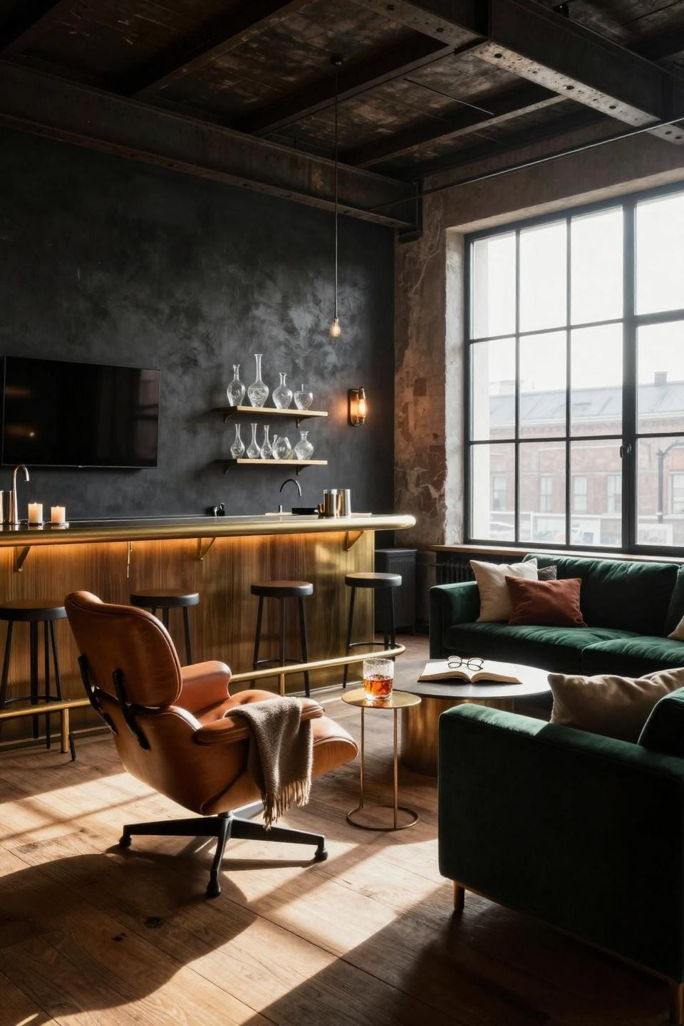 Bar lounge room with custom walnut bar and moody lighting