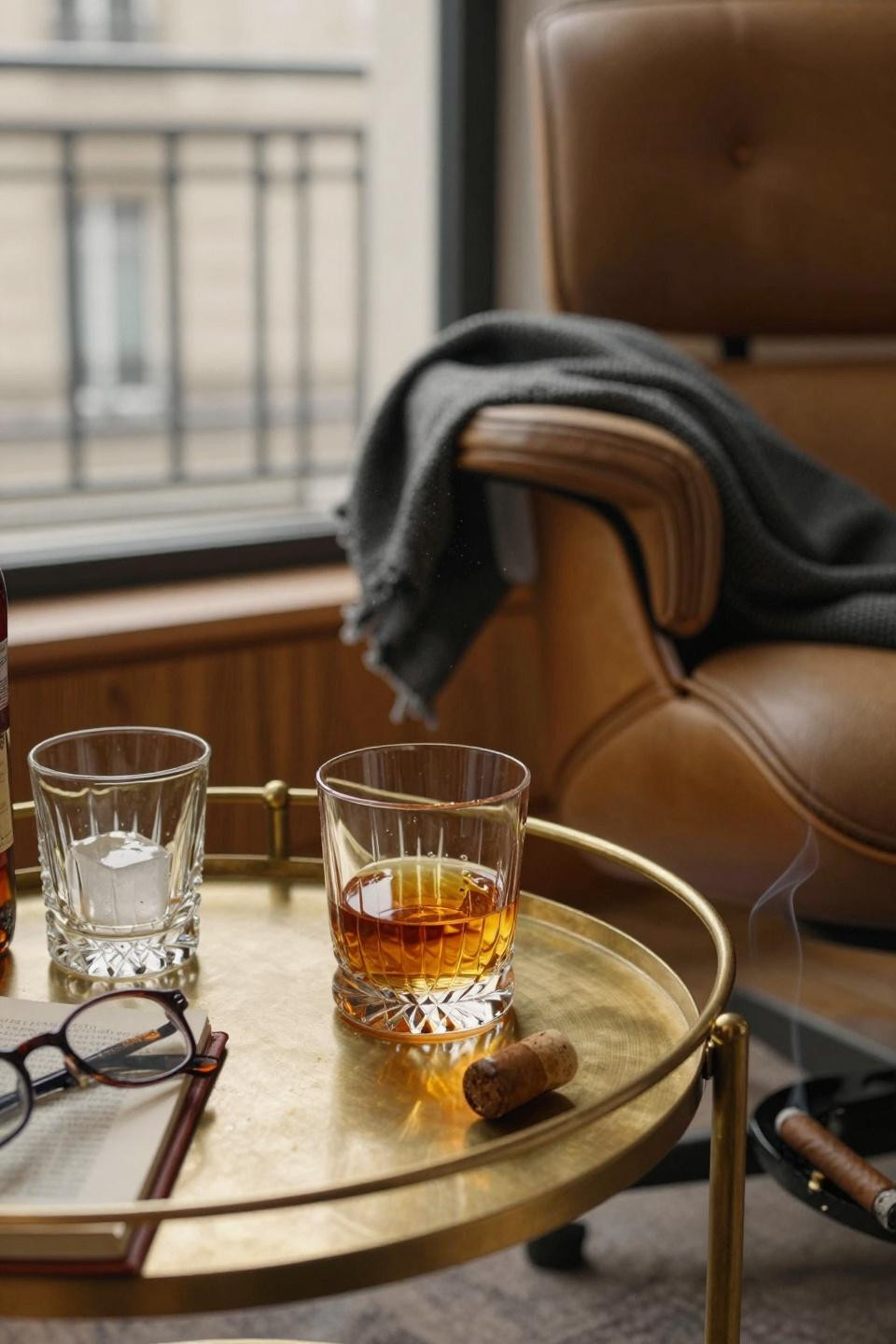 Bar lounge room featuring brass and smoked glass bar cart