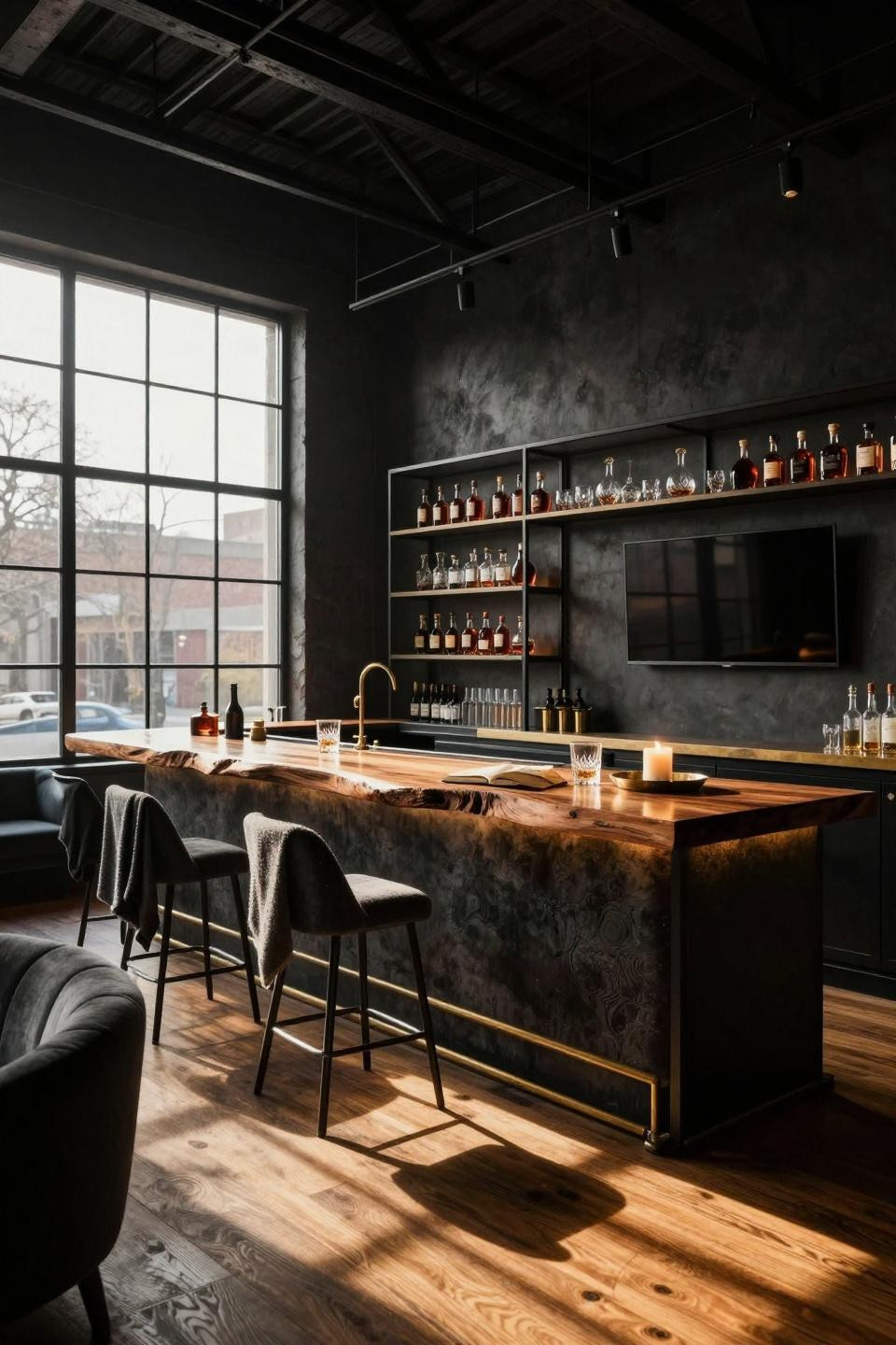 Bar lounge room with blackened steel and walnut bar counter