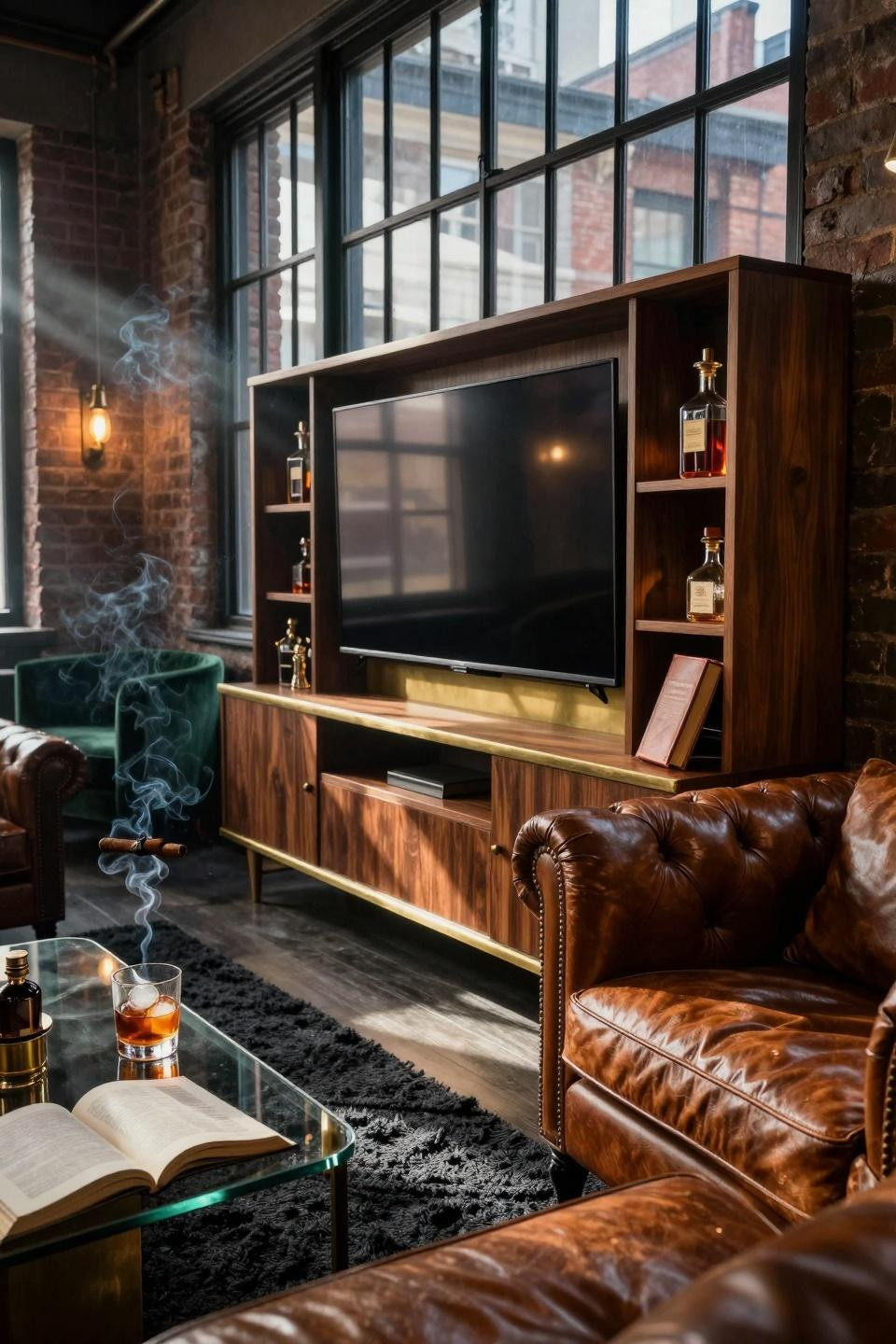 Bar lounge room setup with floor-to-ceiling walnut console