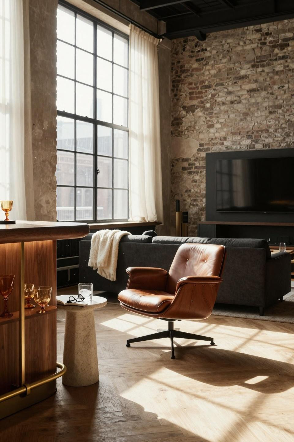 Bar lounge room ideas featuring walnut bar cabinet and herringbone floors