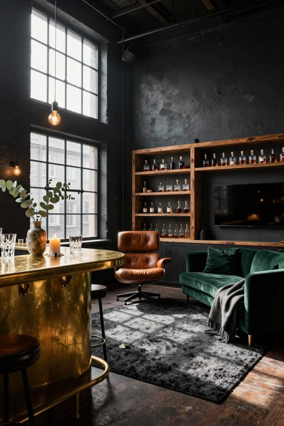 Bar lounge room with unlacquered brass bar counter and emerald sofa