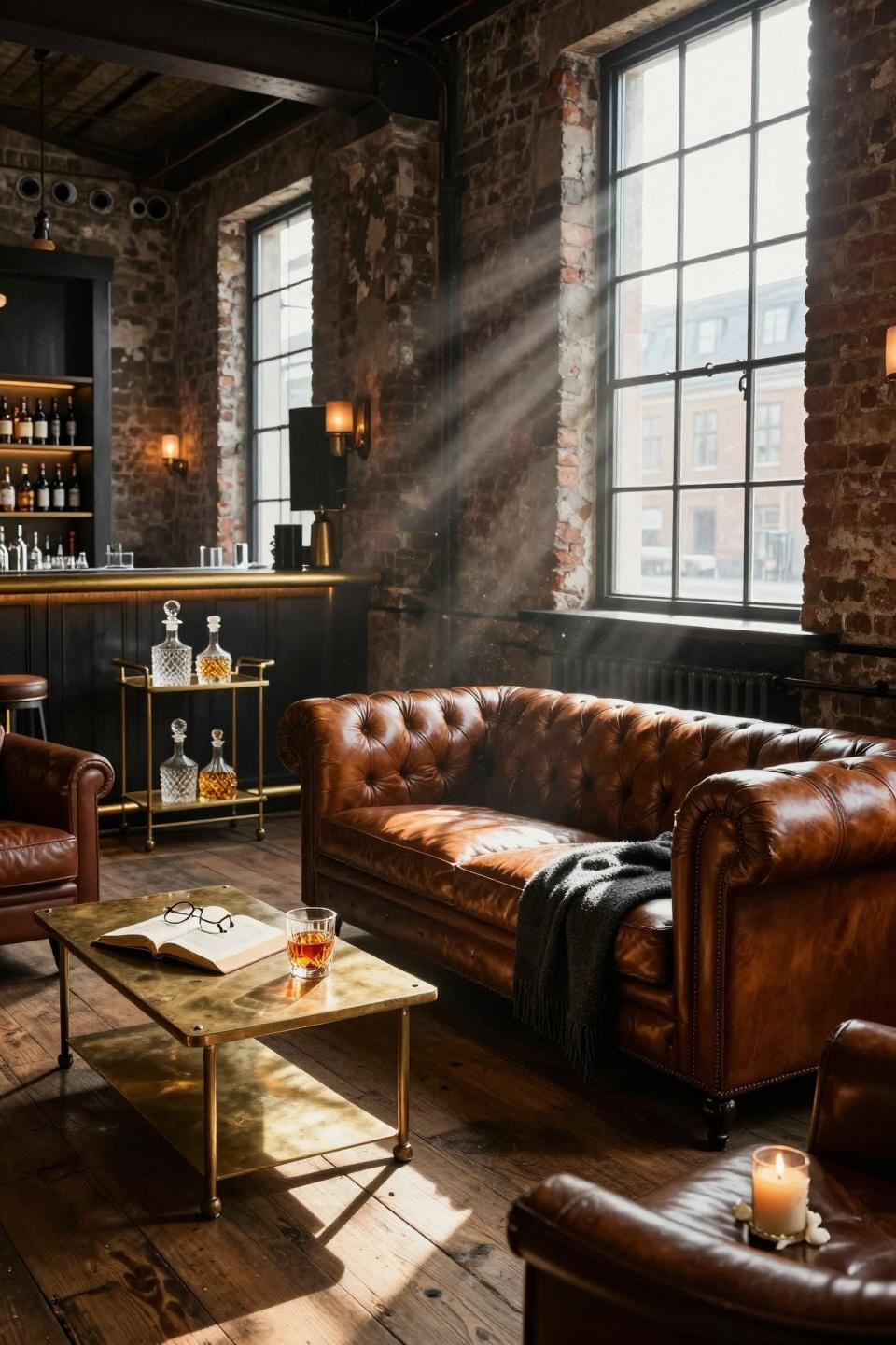 Bar lounge room featuring cognac leather Chesterfield and brass bar cart