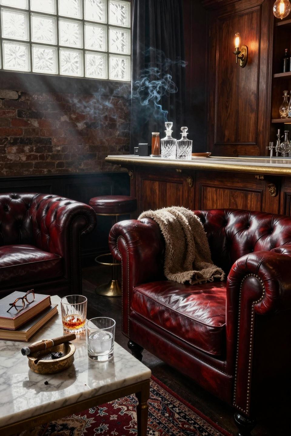Whiskey lounge home basement speakeasy with tufted leather