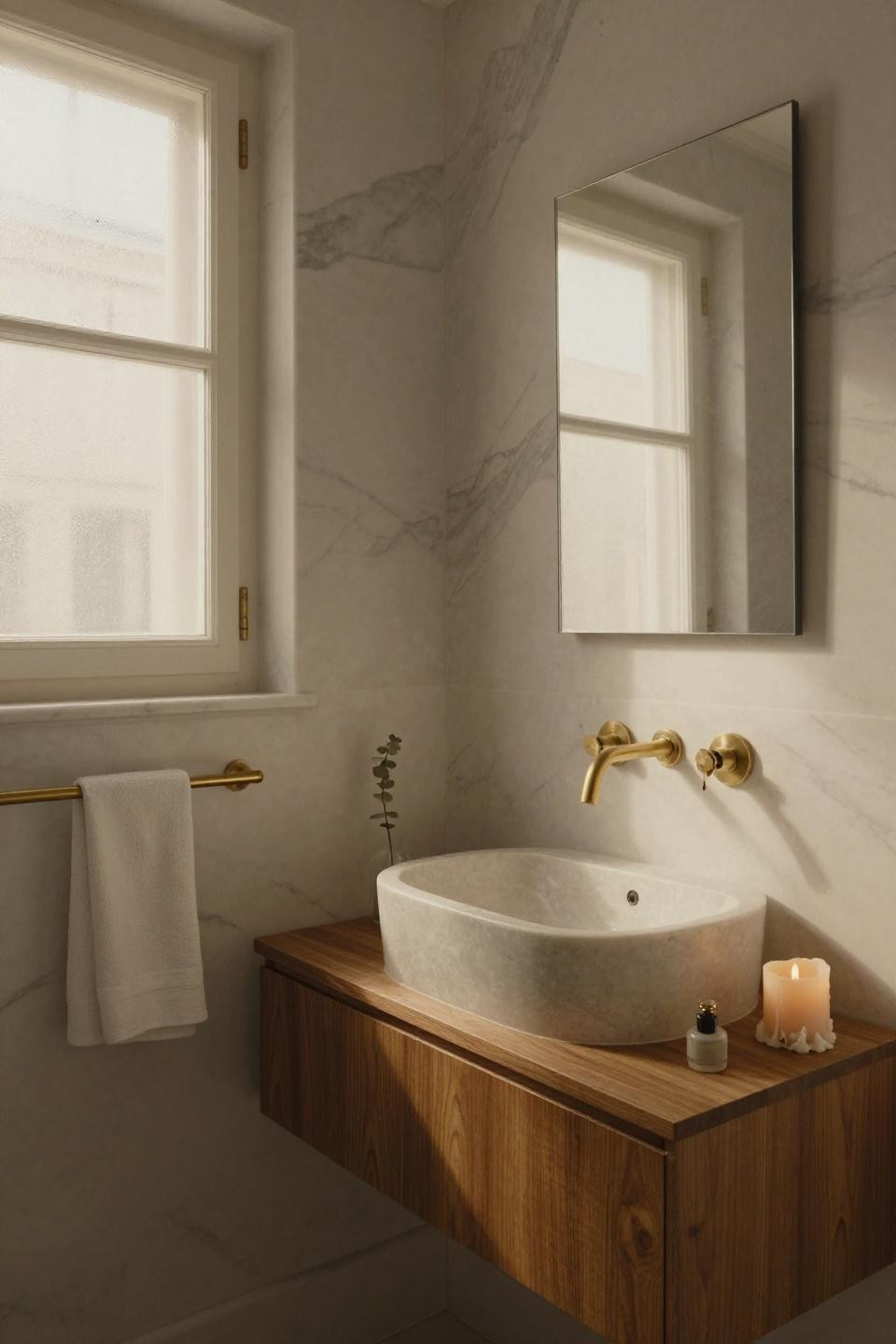 Bathroom ideas with marble walls and walnut vanity