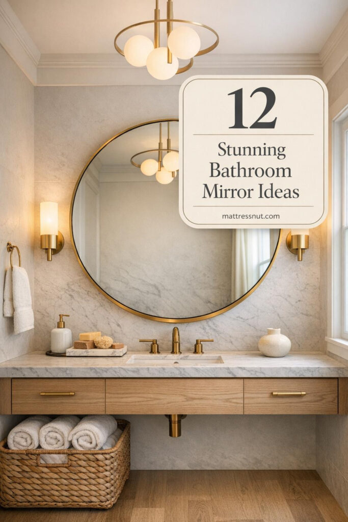 Modern bathroom featuring round brass-framed mirror above white oak vanity with marble countertop and brass wall sconces