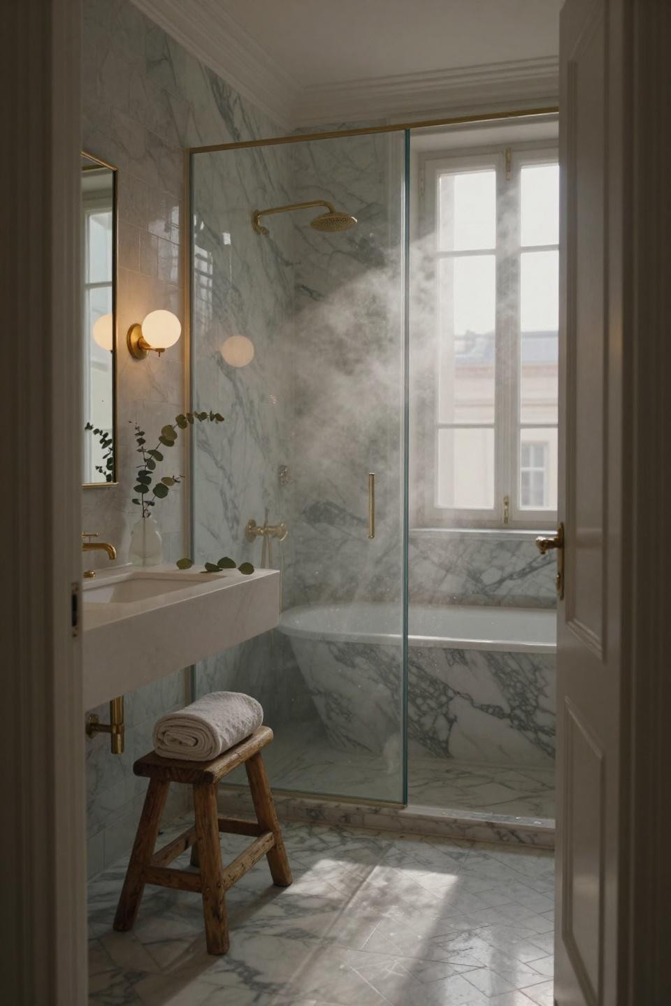 Bathroom Tile Ideas - marble herringbone in glass shower enclosure