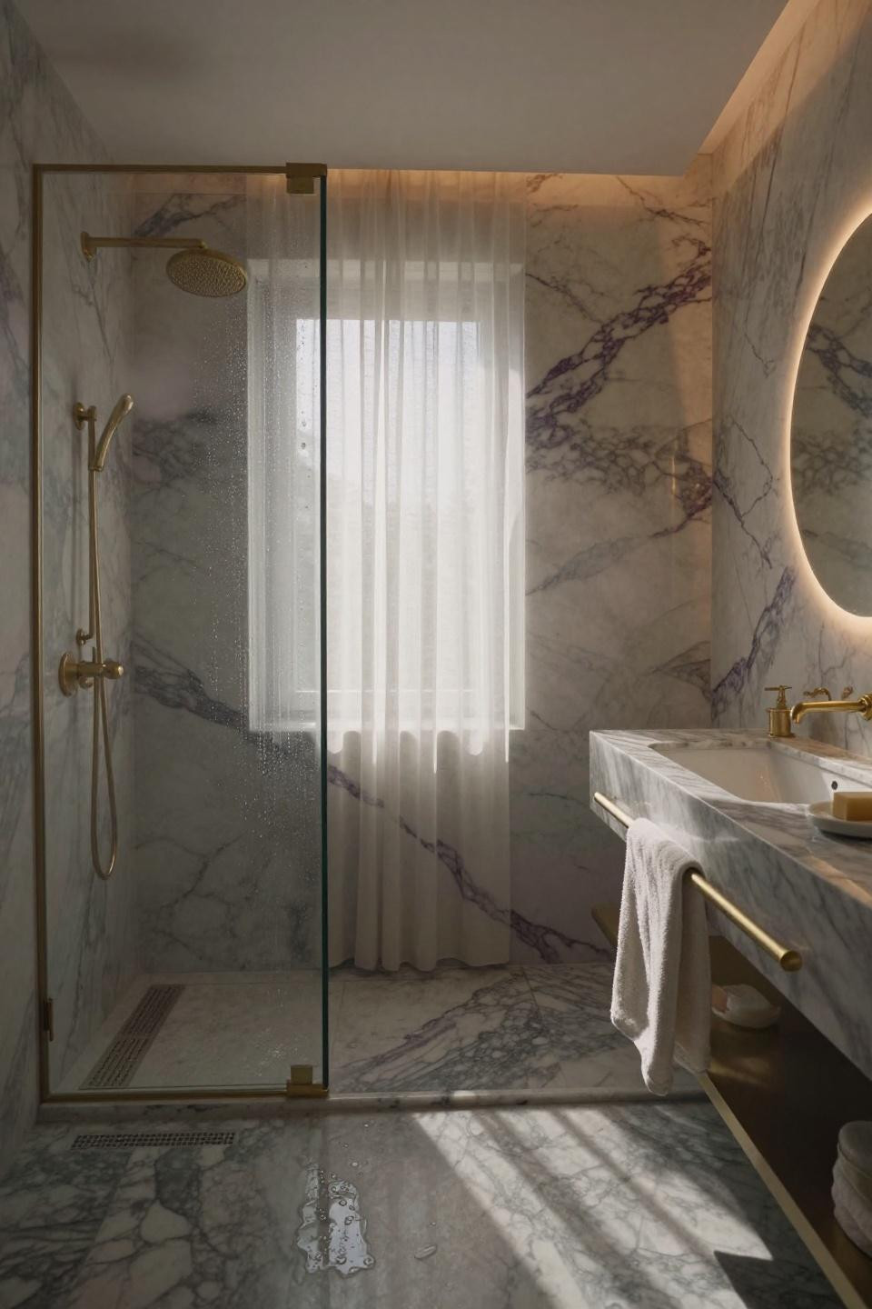 Bathroom Tile Ideas - marble wet wall with purple veining