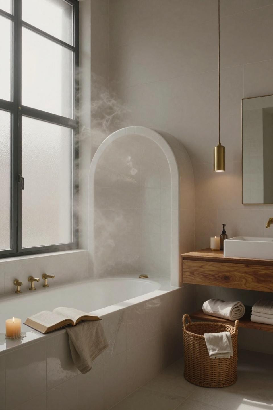 Bathroom Tile Ideas - arched bathtub niche with ivory porcelain