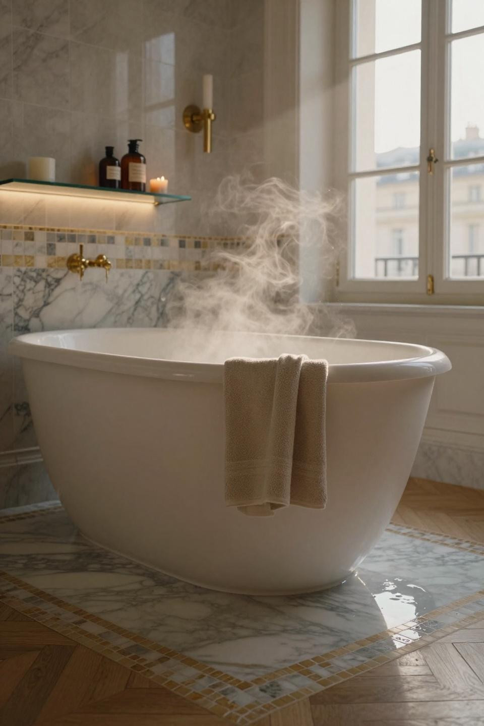 Bathroom Tile Ideas - freestanding egg tub with marble mosaic