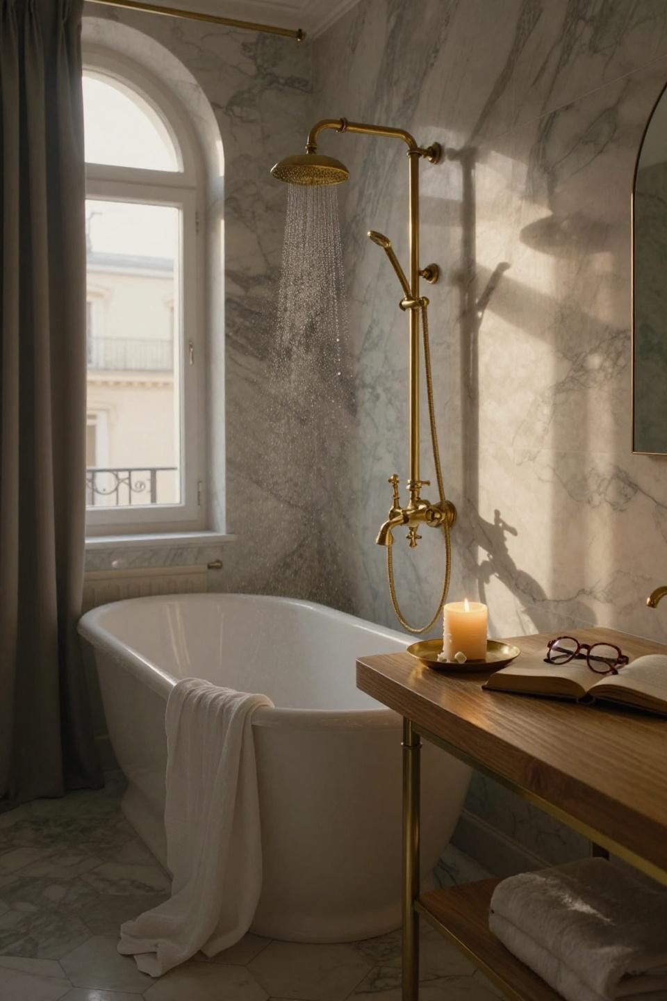 Bathroom Tile Ideas - polished marble walls with brass shower fixture