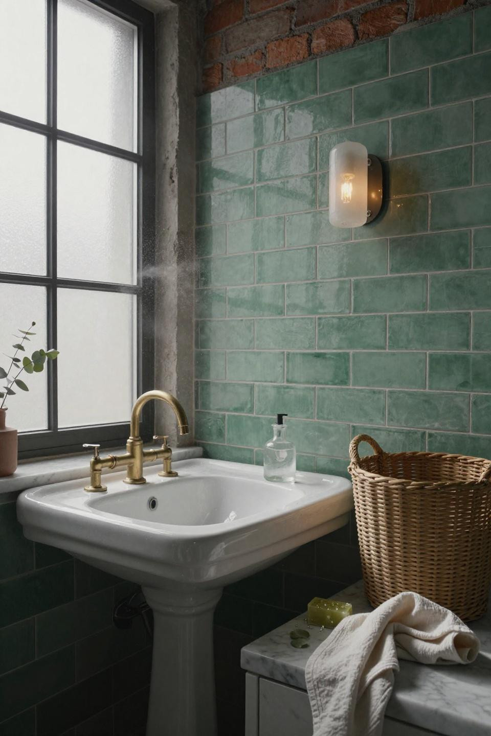 Bathroom Tile Ideas - green zellige tiles behind pedestal sink