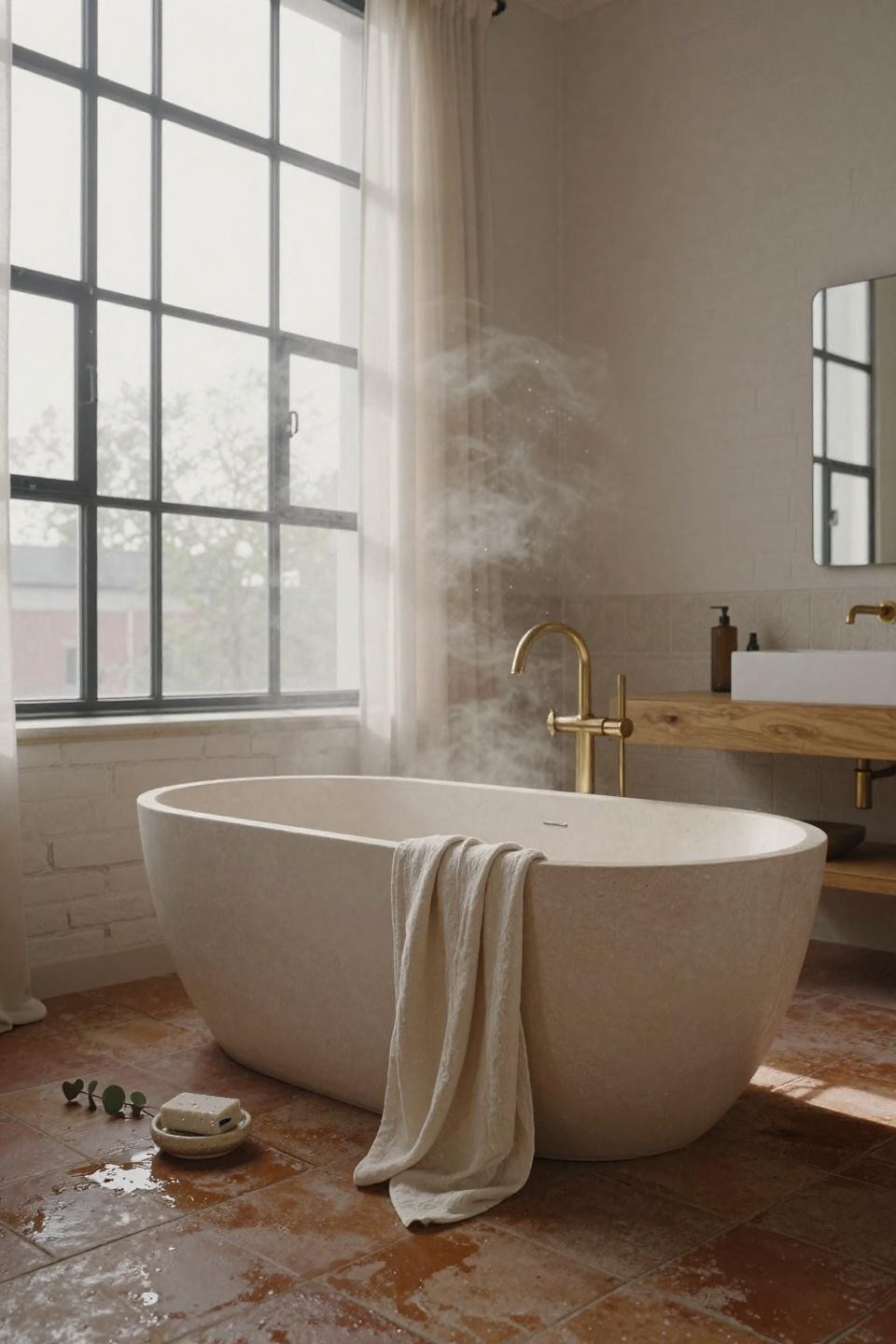 Bathroom Tile Ideas - freestanding tub on warm terracotta floors